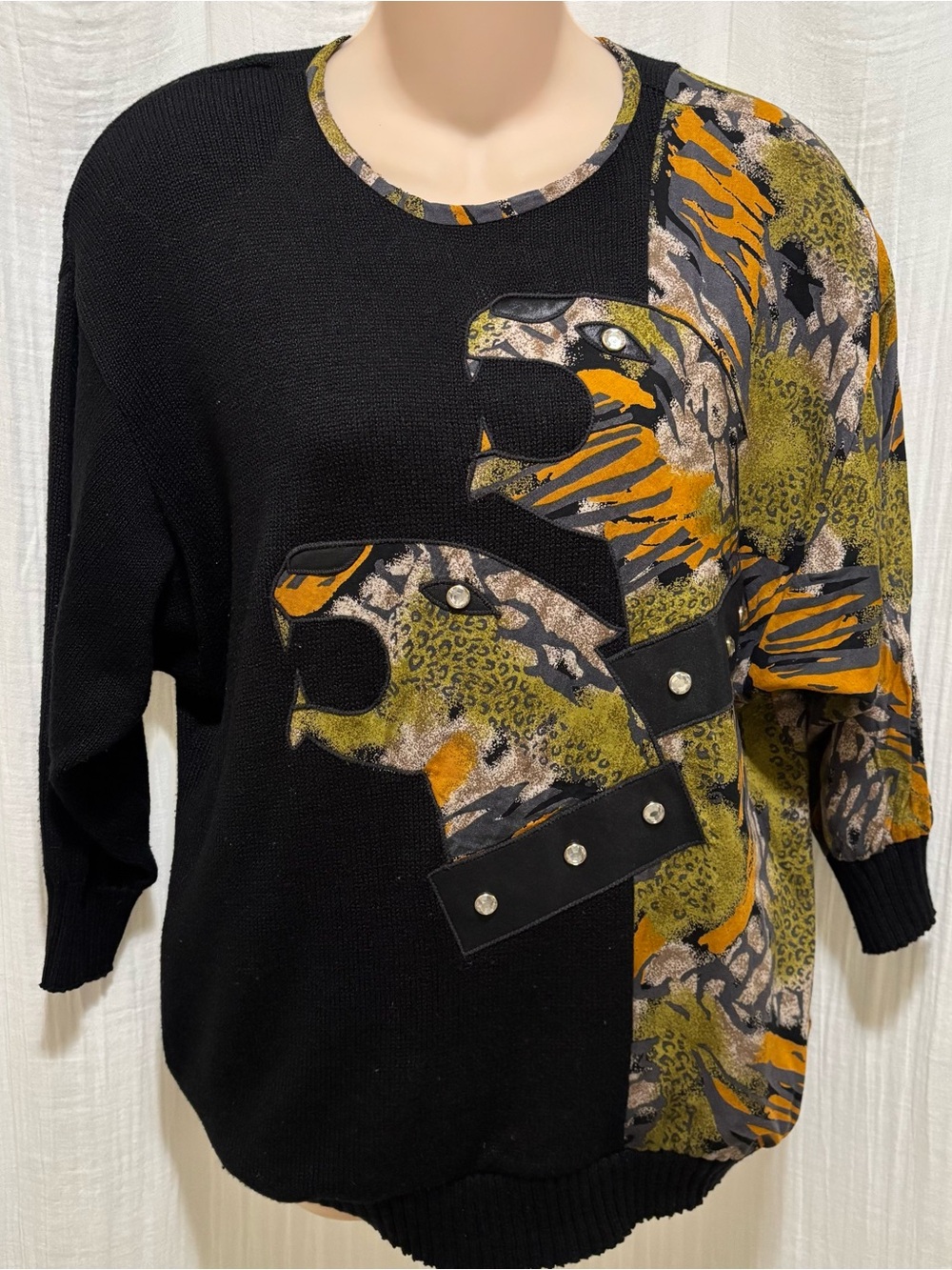 Vintage 80s Jinny Jin Mixed-Media Statement Knit Sweater – Wild Cat/Animal Print
